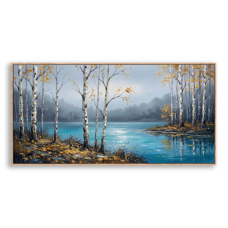 Hand painted canvas wall art featuring white birch trees with golden leaves along turquoise lake, tree reflections in water, misty forest hills in background, autumn landscape with impasto texture, original nature artwork