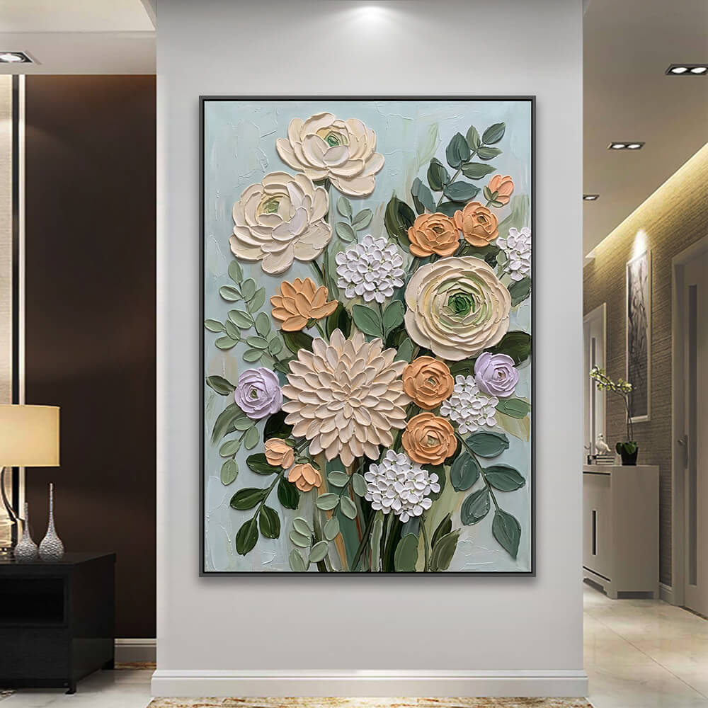 Botanical canvas decorating spacious hallway beside table lamp and cabinetry