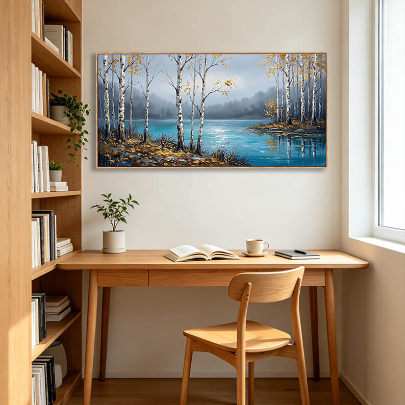 Original hand painted birch tree lakeside painting, white birch trees with golden foliage, turquoise water with perfect reflections, foggy autumn landscape, textured canvas wall decor