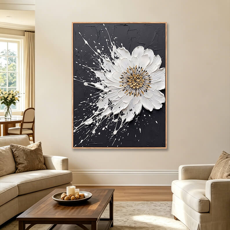 Large vertical textured white splash flower painting with gold on black background in elegant living room, heavy impasto statement canvas