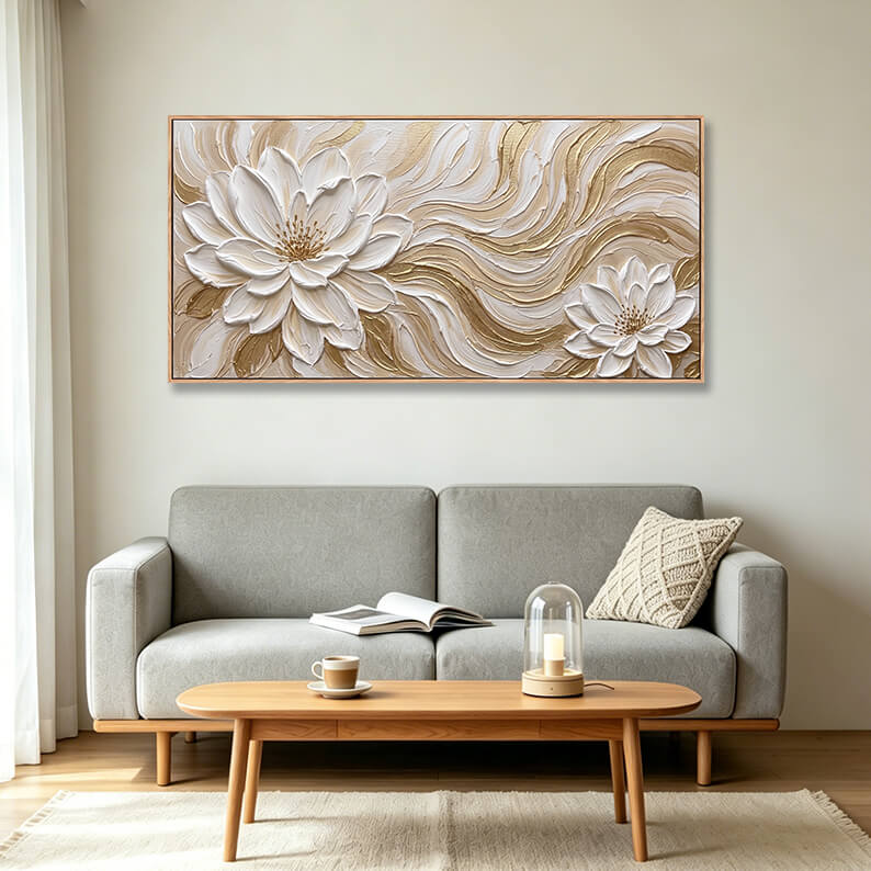 Hand painted canvas wall art for modern luxury homes, white 3D flowers with gold wave texture, heavy impasto oil painting on neutral cream background