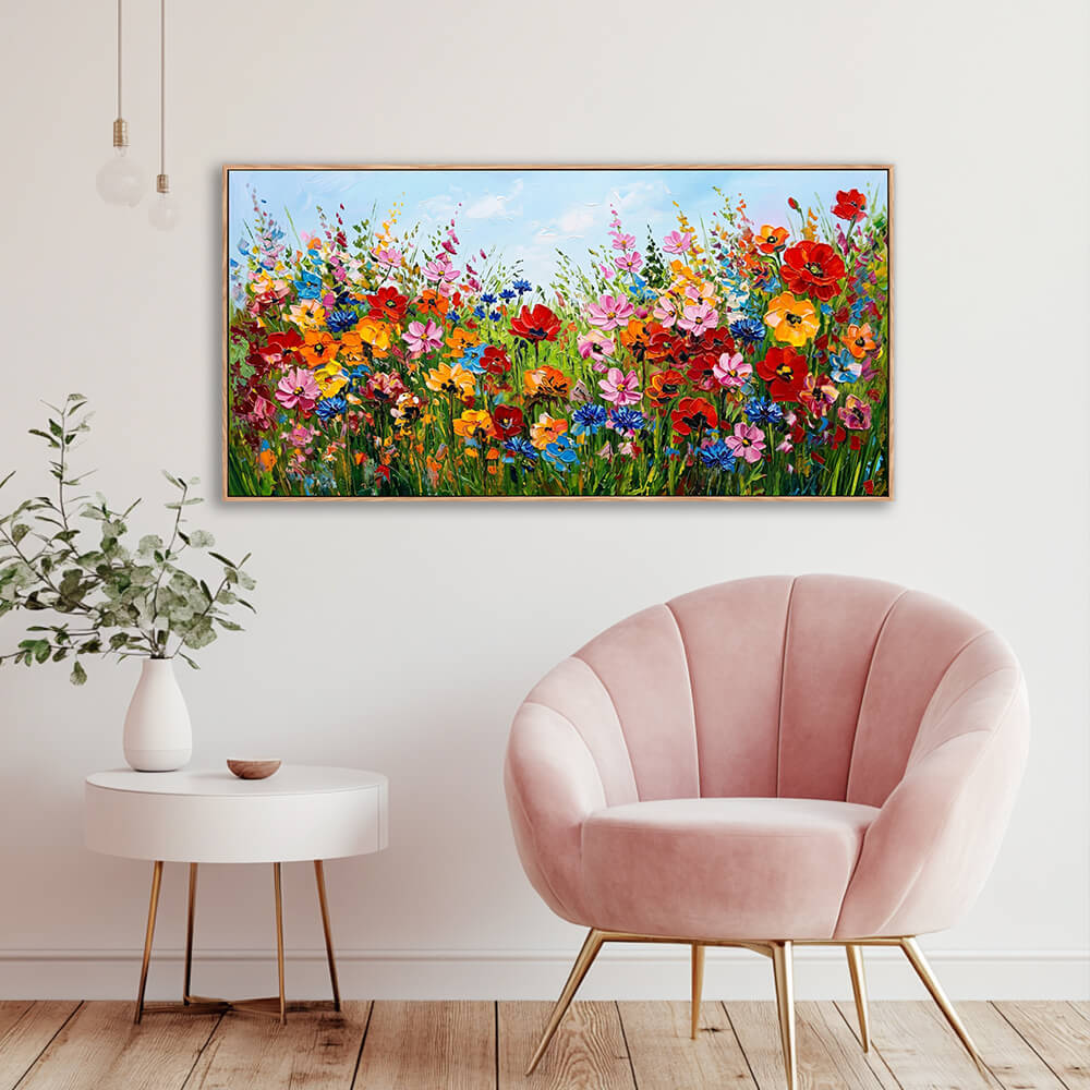Bright horizontal summer floral painting with thick palette knife sculptured wildflower petals.