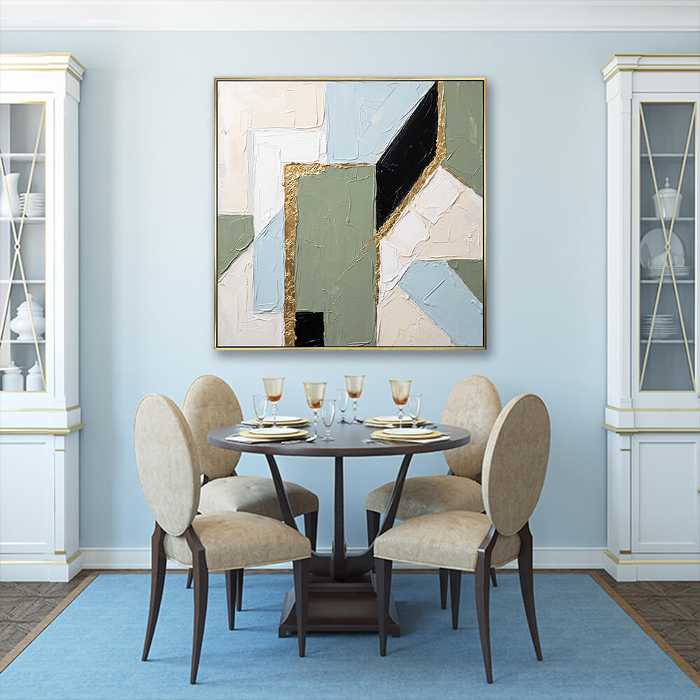 Sage green tone block gold foil abstract canvas in bright elegant formal dining room interior