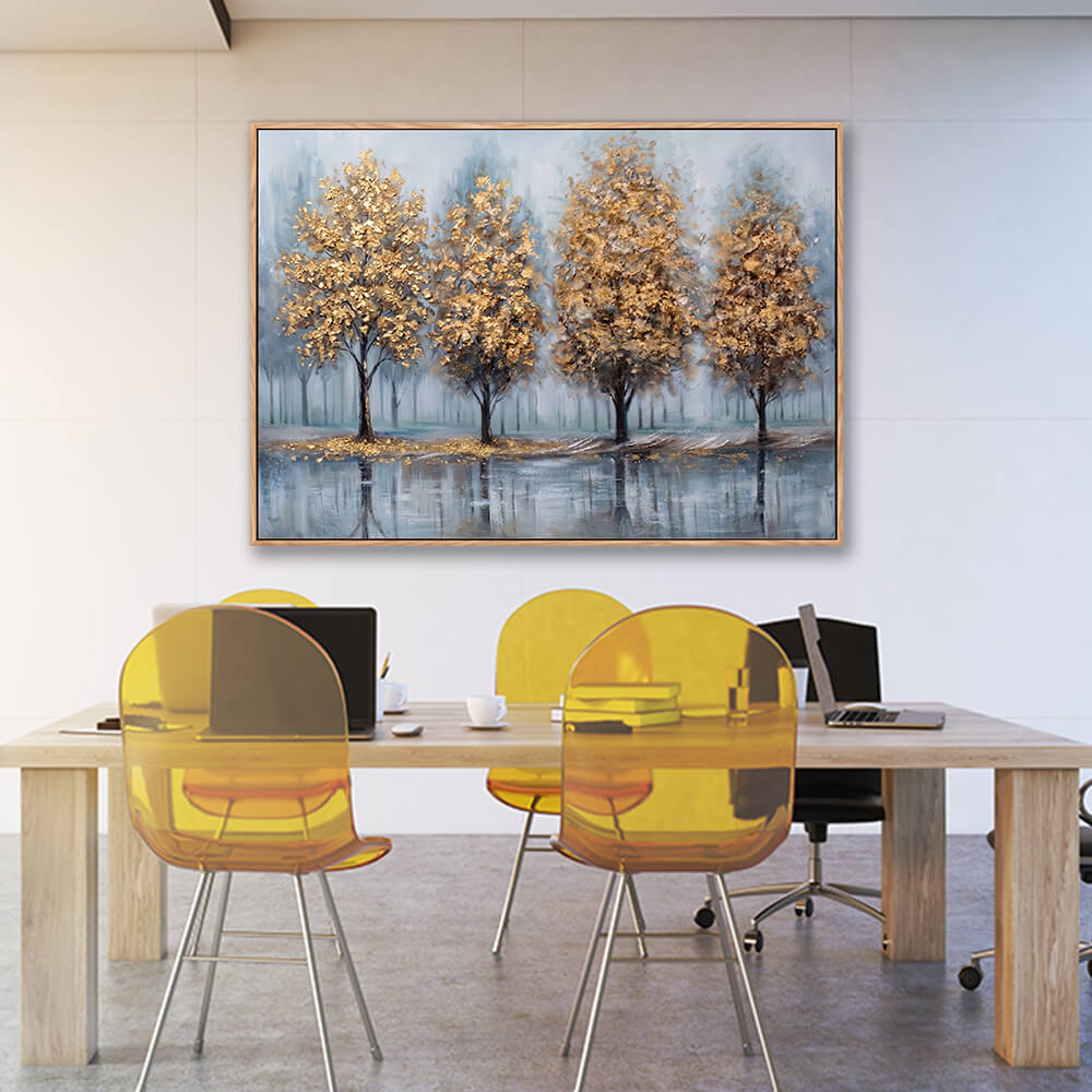 Golden trees misty forest painting in contemporary office meeting room interior
