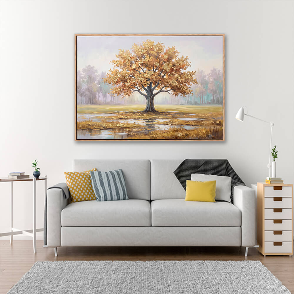 Golden Tree of Life misty landscape painting in contemporary office interior