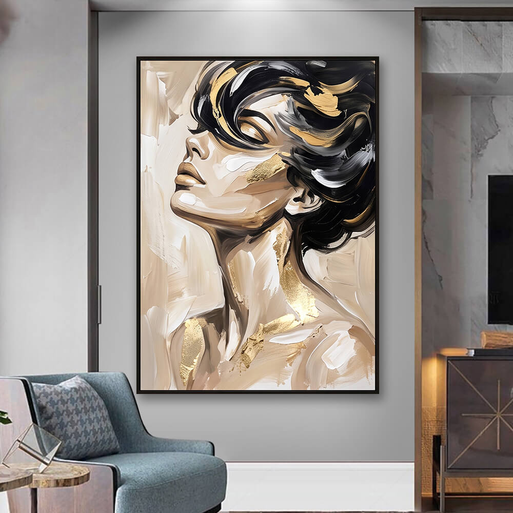  Elegant modern living room interior styled with a large vertical hand-painted abstract woman portrait hanging above a sleek designer console.