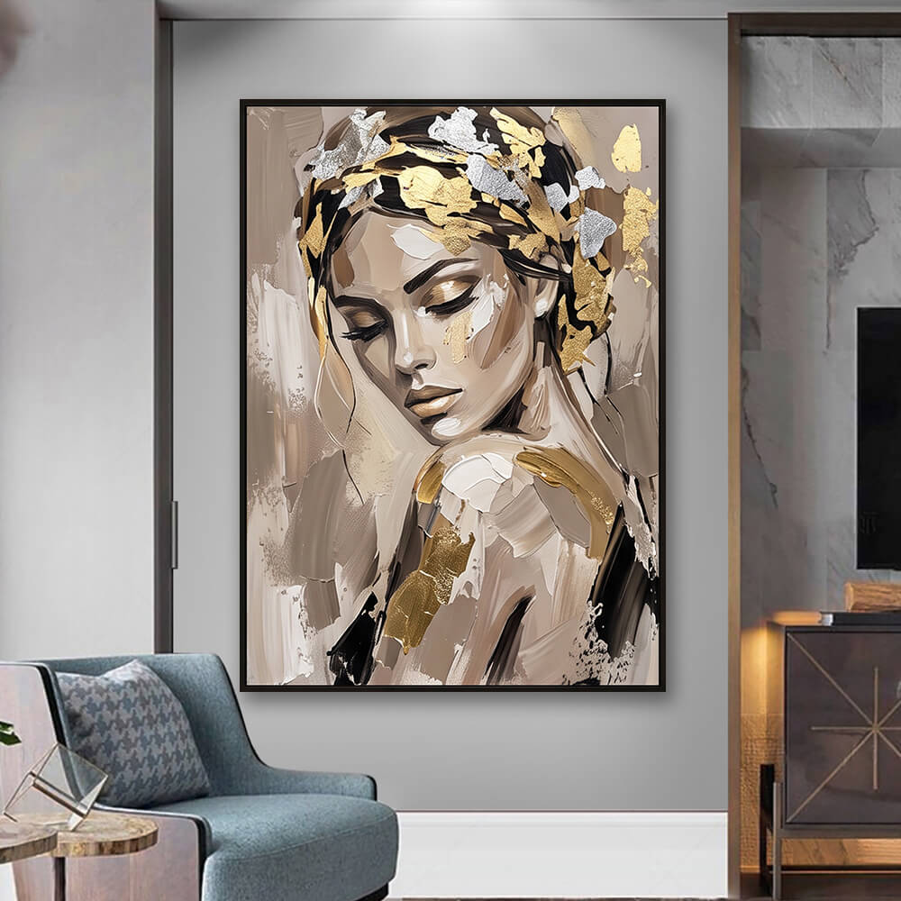 Contemporary living room styled with a vertical handmade canvas painting featuring neutral tones and shimmering gold accents.
