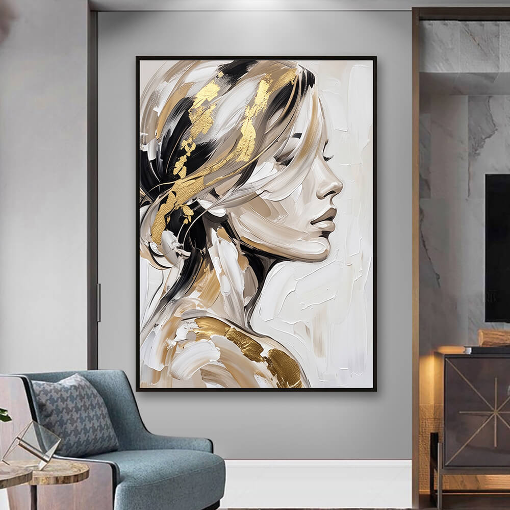 Elegant modern living room interior styled with a large vertical hand-painted abstract woman portrait hanging above a sleek designer console.