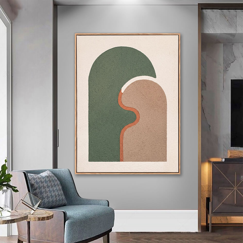 Sage green and tan abstract arch painting in modern minimalist bedroom setting