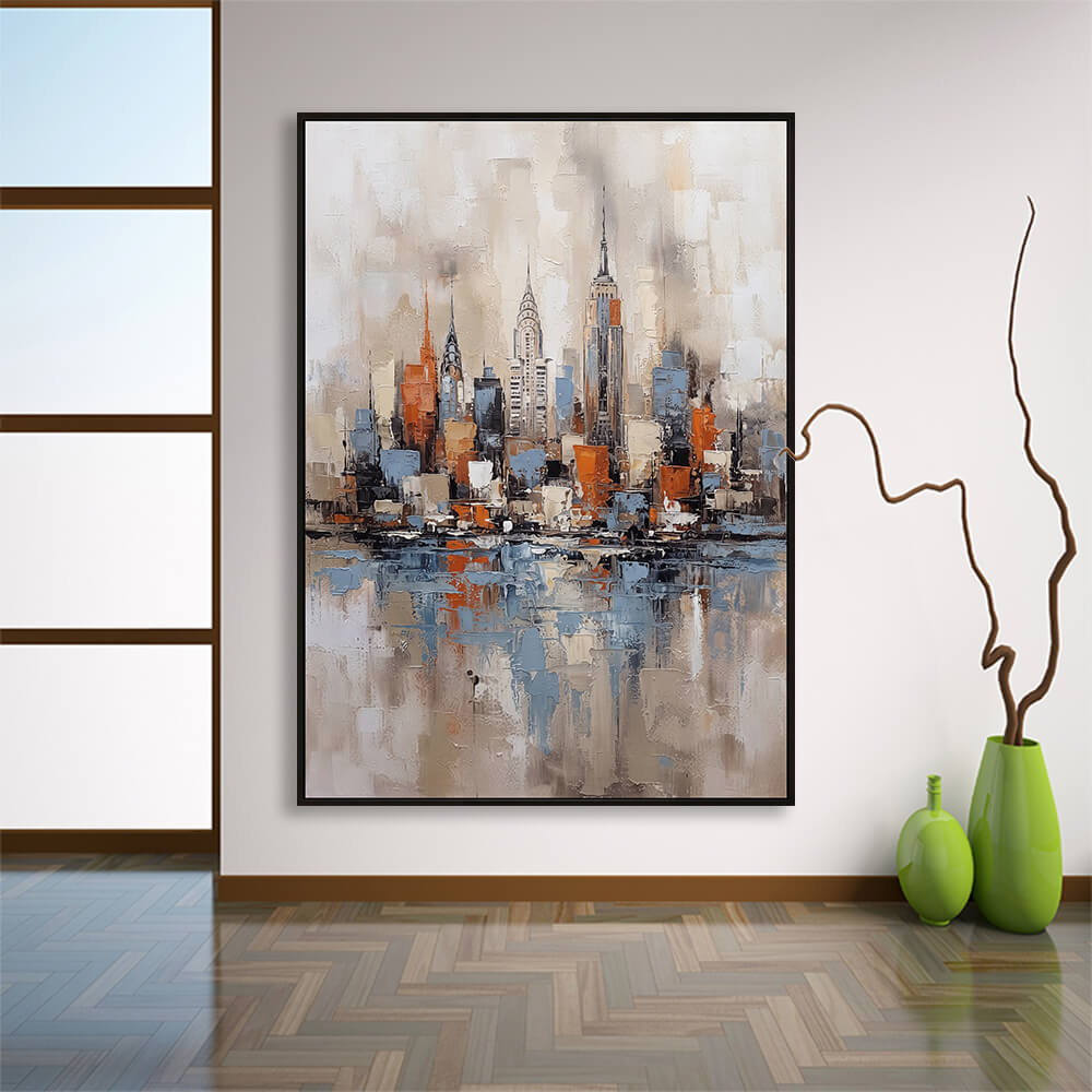 Spacious room setup showcasing City Reflection hand painted painting showcased above a polished wooden floor next to decorative green vases.