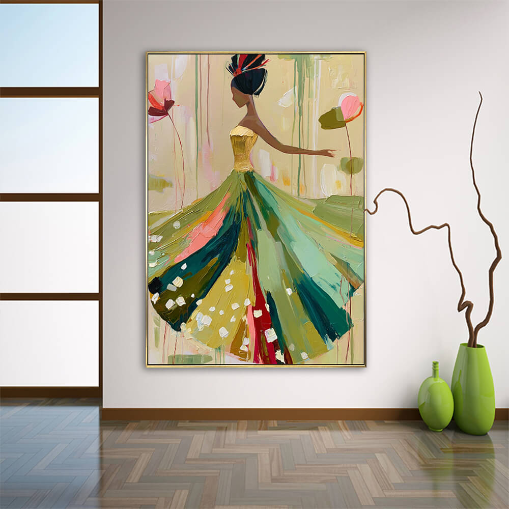 Interior styling view of Ethereal Stride modern portrait wall decor decorative painting hanging on a neutral wall next to a large window and green vases.
