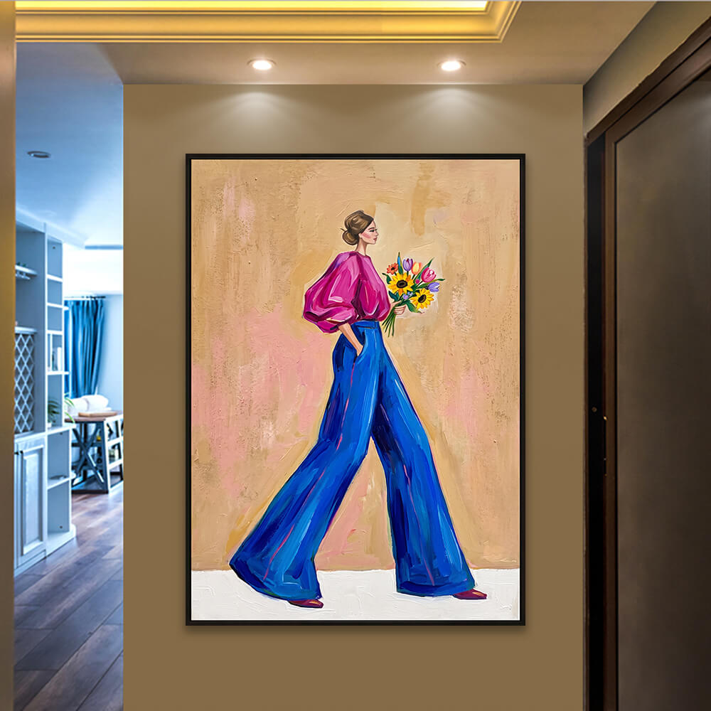  Interior styling view of Vibrant Stride art hanging in a luxury hallway interior near a white console table.