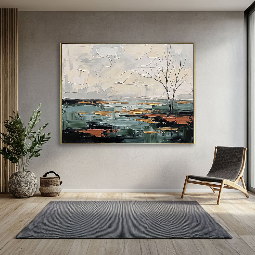Teal and gold hand-painted landscape canvas wall art in a modern grey living room with a woven chair and potted plant