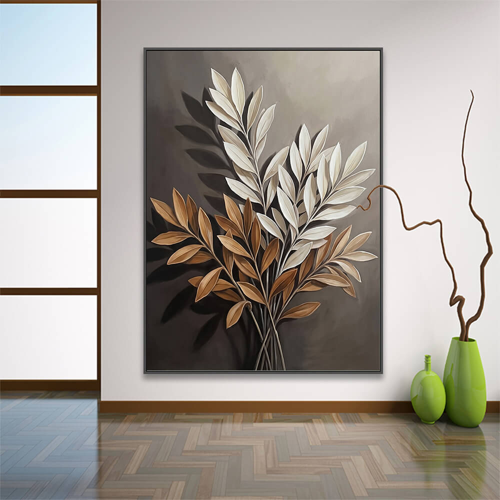 Hand-painted modern botanical art canvas featuring stylish earthy leaves styled on a neutral accent wall with modern decor.