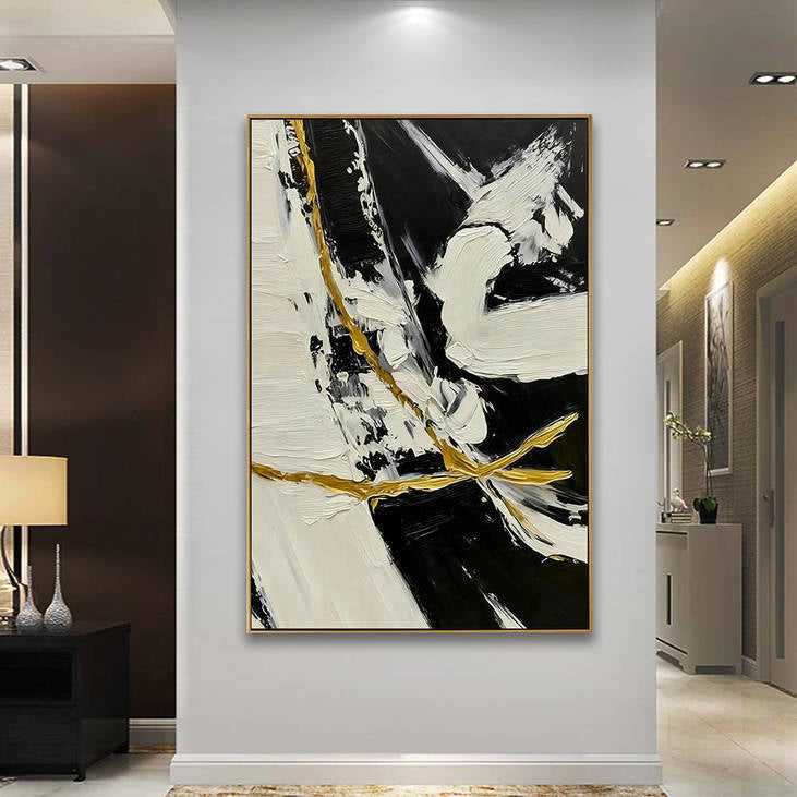 Hand Painted Abstract Black, White & Gold Decorative Wall Art #YX365