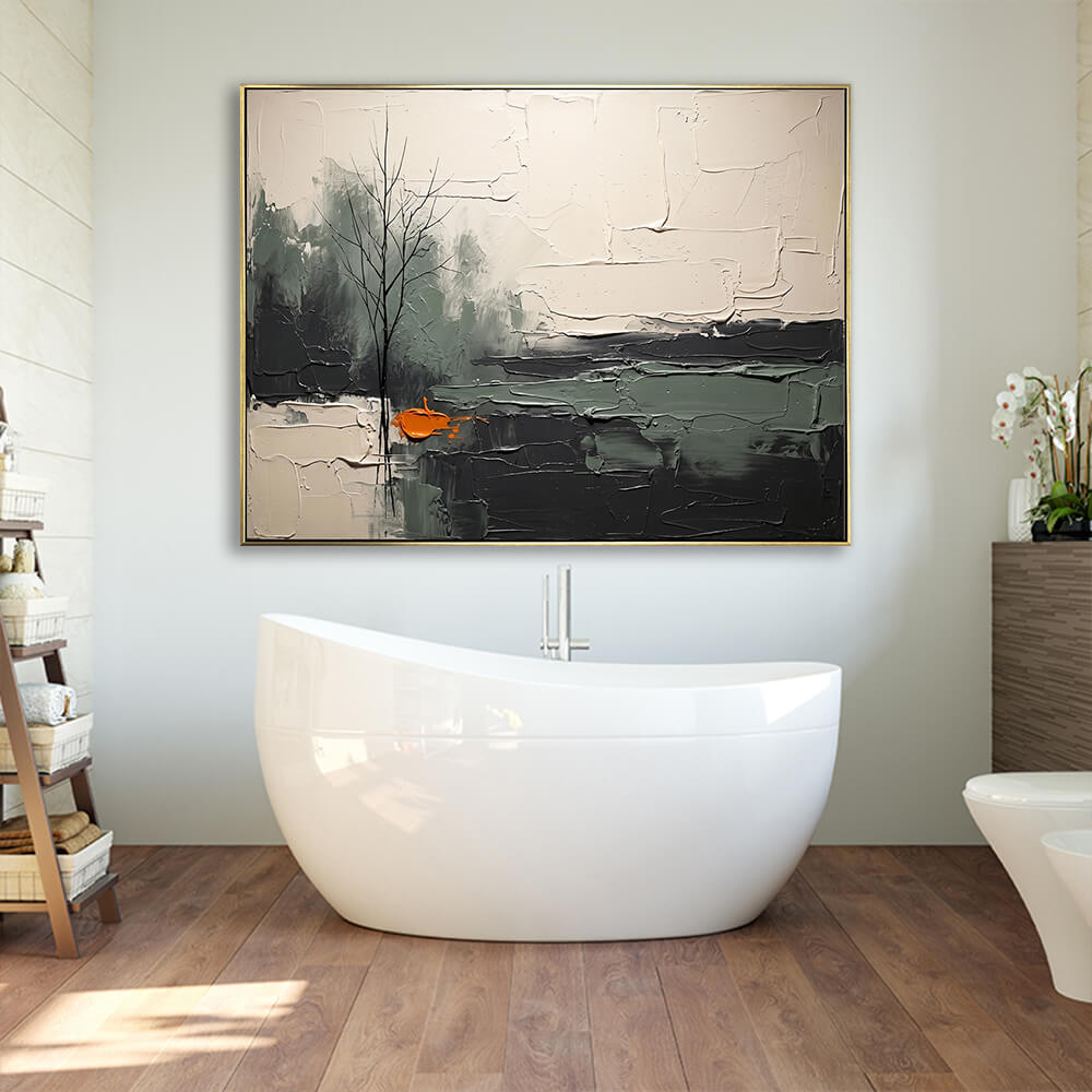 Hand painted horizontal moody tree abstract painting with grey-green water and creamy beige sky, heavy impasto knife texture, orange accent, atmospheric landscape artwork
