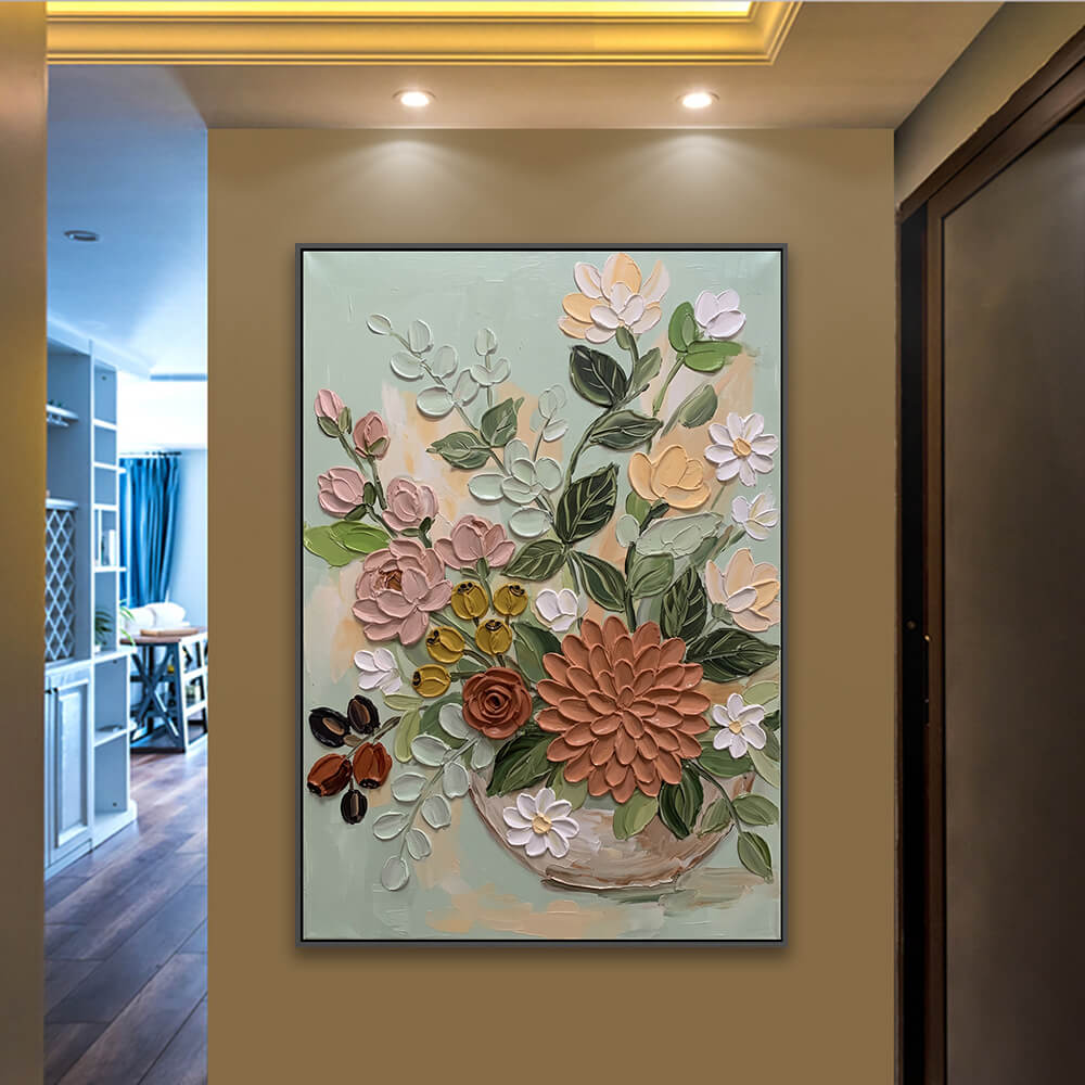 Textured vase floral artwork installed along corridor with ceiling spotlights
