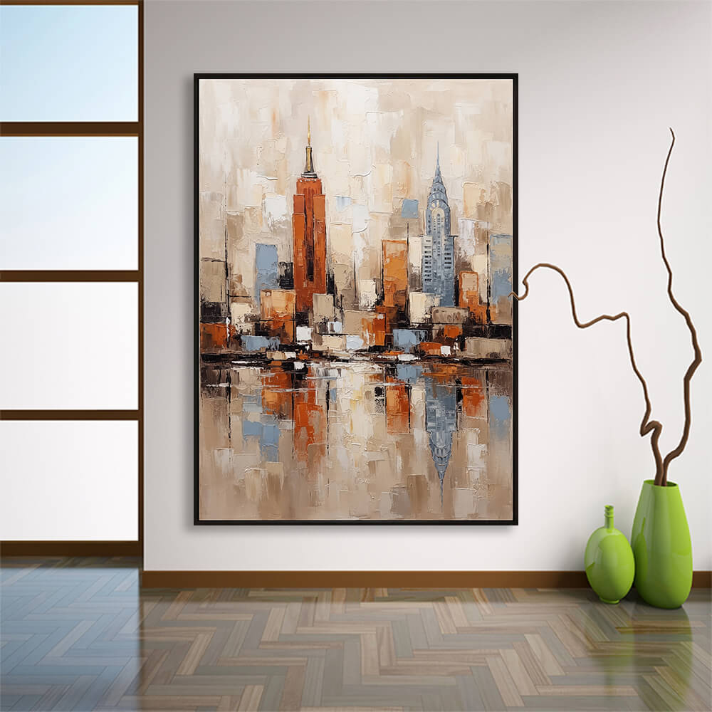 Spacious room setup showcasing Urban Horizon multicolor cityscape oil artwork hanging above a polished wooden floor next to decorative green vases.