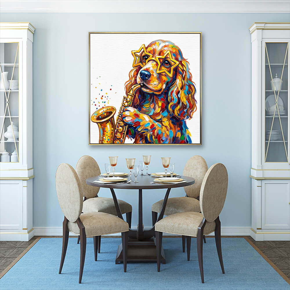 Colorful pop art dog saxophone canvas in bright formal dining room interior