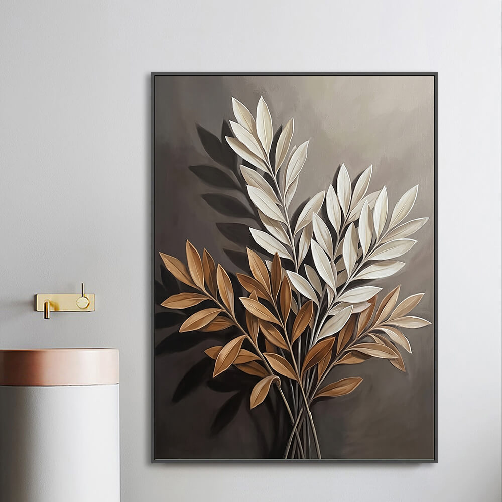Smooth botanical canvas art hanging on a neutral wall next to a modern sink and sleek interior fixtures.