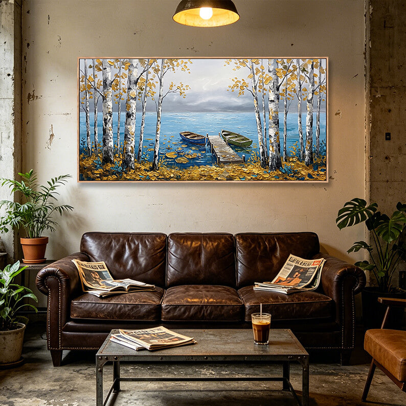 Hand painted autumn lake landscape with birch trees, two rowboats at wooden pier, golden leaves with impasto texture, serene nature artwork for interior decoration