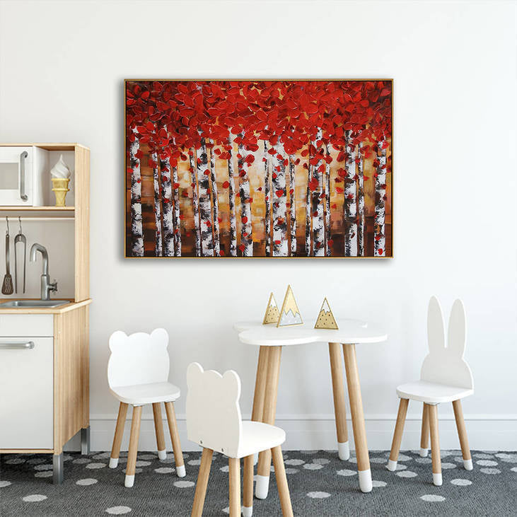 Handmade Birch Forest Red Leaf Canvas Painting #YX359