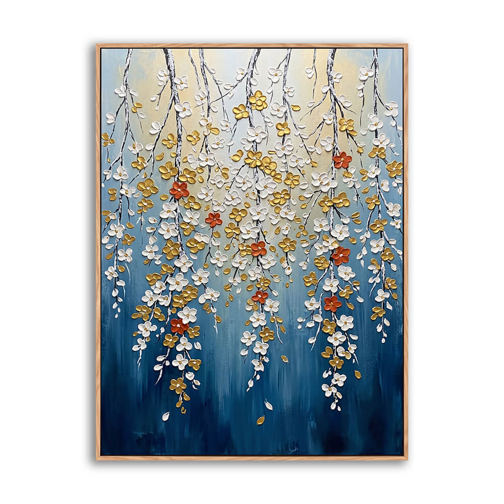 Vertical hand-painted abstract canvas, textured impasto trailing hanging blossoms, white gold and rust flowers on gradient navy blue background, soft layered brushwork