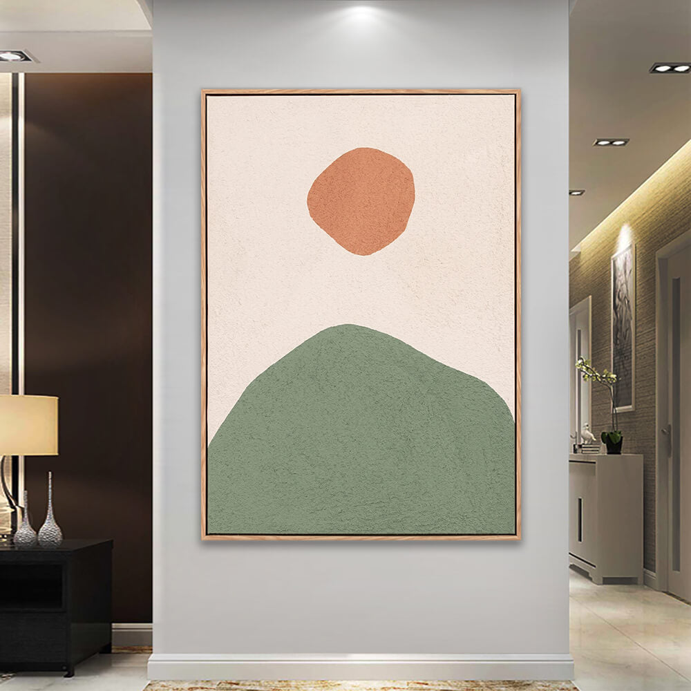 Neutral minimalist landscape painting with green mountain and terracotta sun, textured creamy beige background, hand-painted abstract artwork