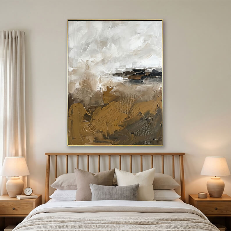 Beige and brown abstract painting hanging over a wooden bed in a bright modern bedroom.