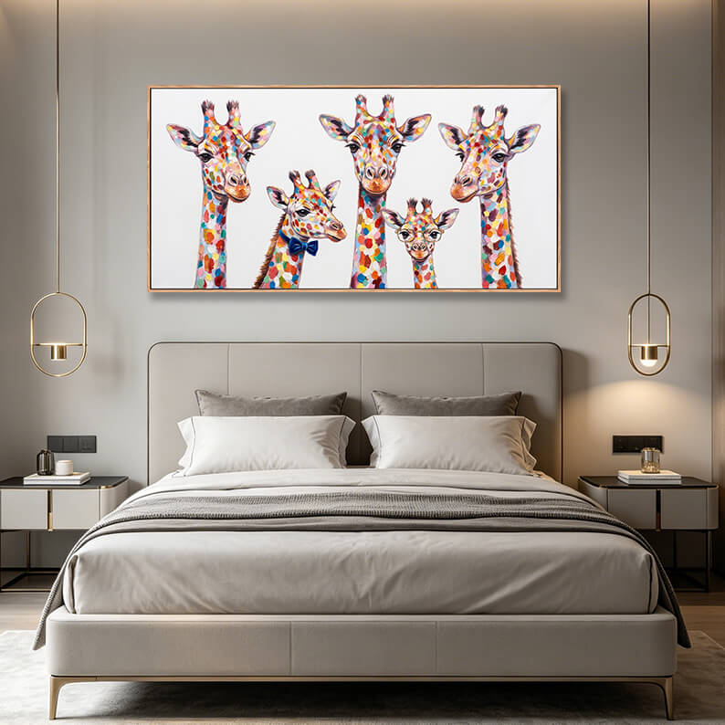 Original hand painted giraffe family canvas, five multicolor giraffes portrait, whimsical animal wall art with charming details, kids friendly artwork for nursery and bedroom