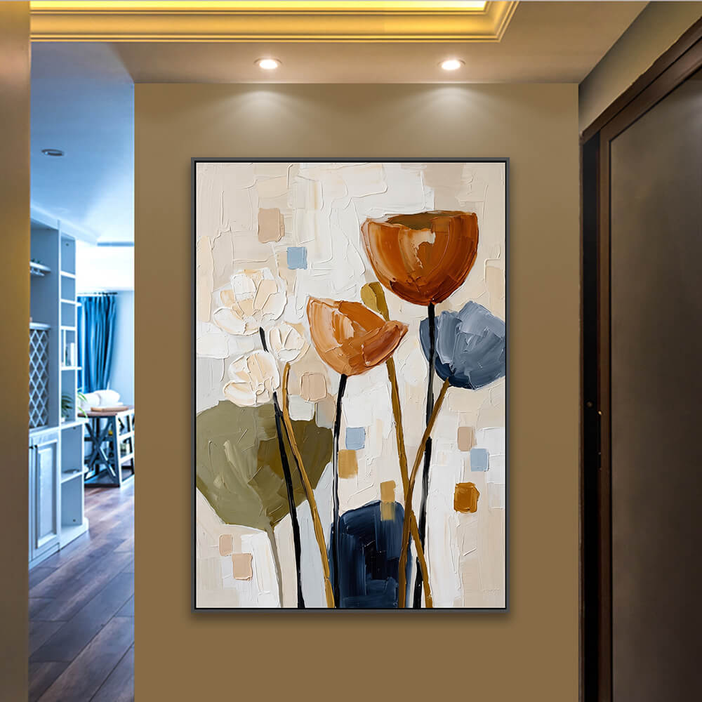 Textured tulip artwork installed along corridor fitted with recessed ceiling lighting