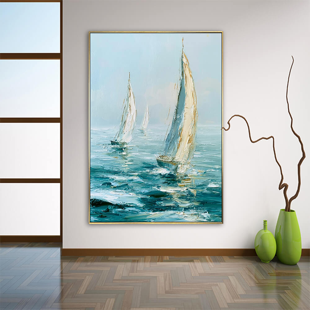 Modern entryway interior, gold framed vertical Ocean Sail Drift impasto canvas, heavy texture seascape wall decor with green vases