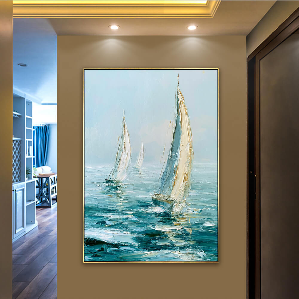 Long hallway display, tall vertical teal ocean Ocean Sail Drift canvas with heavy sculptural impasto texture under ceiling spotlights