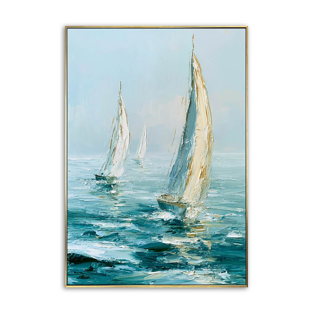 Vertical hand painted seascape canvas, heavy textured impasto sailboats on teal ocean waves, pale sky blue and cream tone, nautical coastal wall art