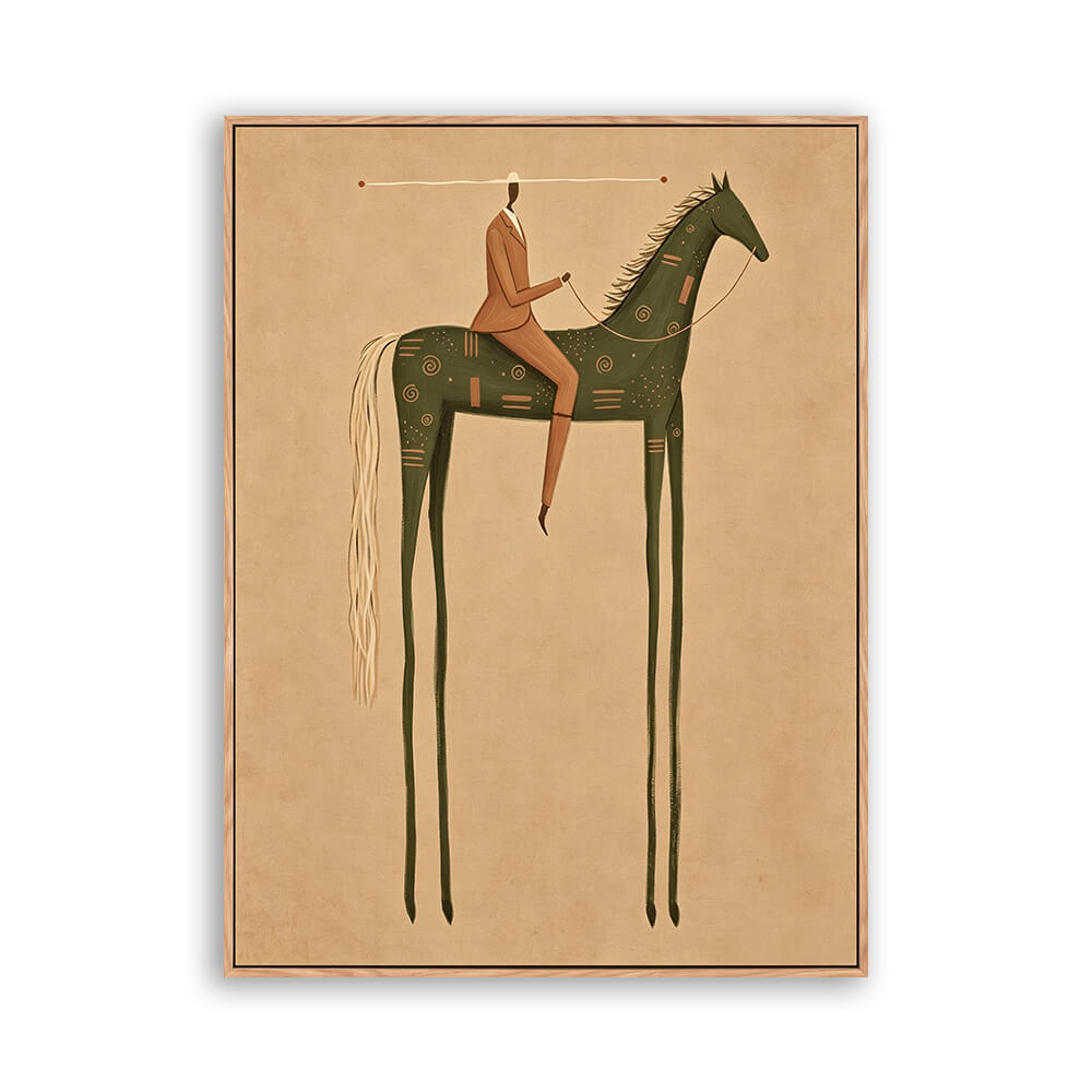 Square hand painted figurative canvas, surreal long-legged olive green horse and tan suited rider, vintage beige background, soft layered brushwork