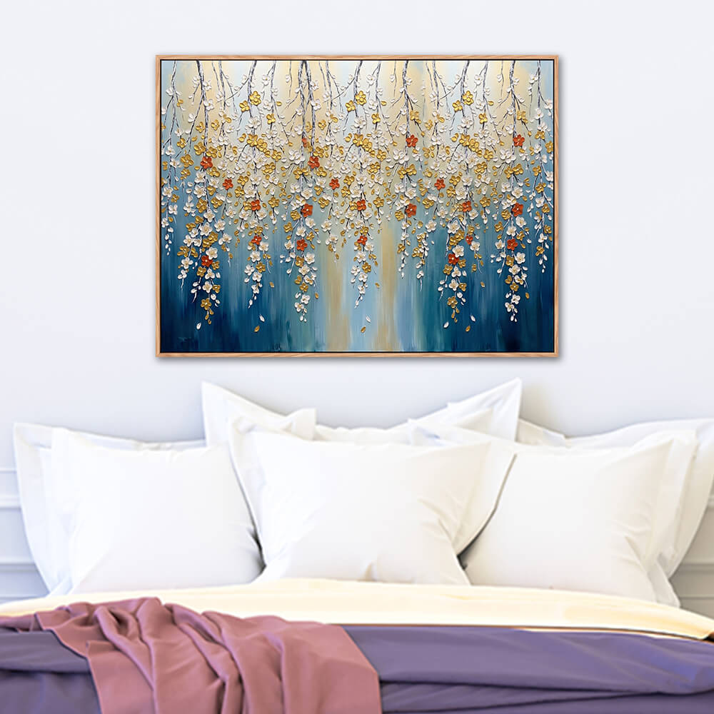 Neutral bedroom setting, horizontal luxury hanging flower wall decor, sculptural impasto cascading blossoms canvas over bed pillows