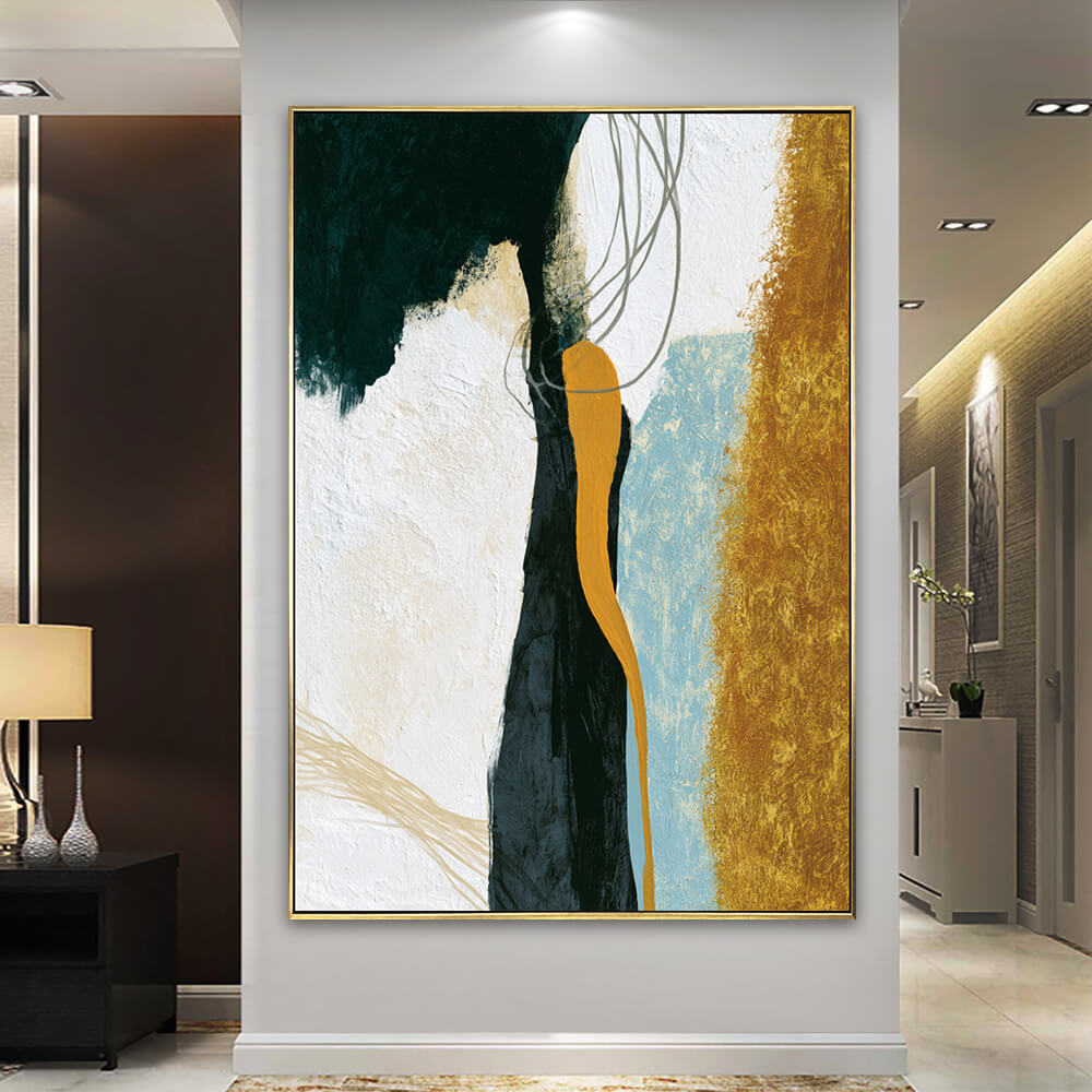 Luxury foyer wall decor, oversized vertical silhouette shape abstract artwork in emerald, black and amber tone