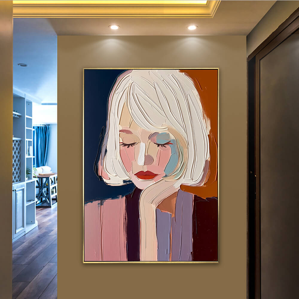 Original hand-painted abstract woman art piece mounted securely in a warm lit hallway interior design.