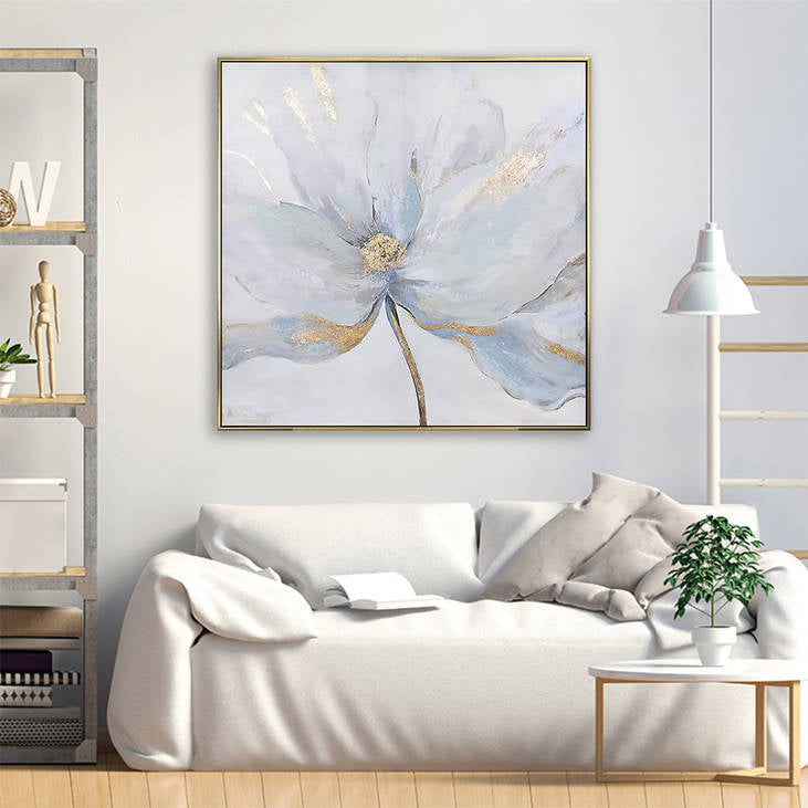 Hand Painted Blue Floral Canvas Wall Art with Gold Accents #YX294