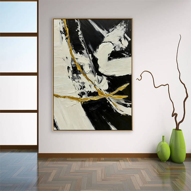 Hand Painted Abstract Black, White & Gold Decorative Wall Art #YX365