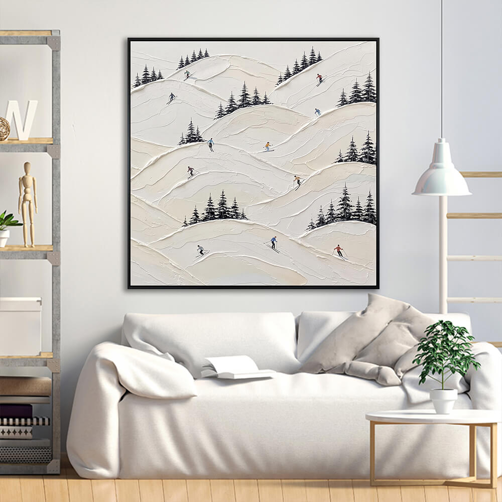 Interior styling view of Frosty Peaks hanging in a contemporary living room above a neutral white sofa with decorative pillows.