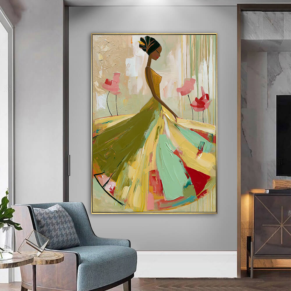 Interior styling view of Ethereal Grace palette knife female decor hanging in a contemporary living room above a grey armchair.