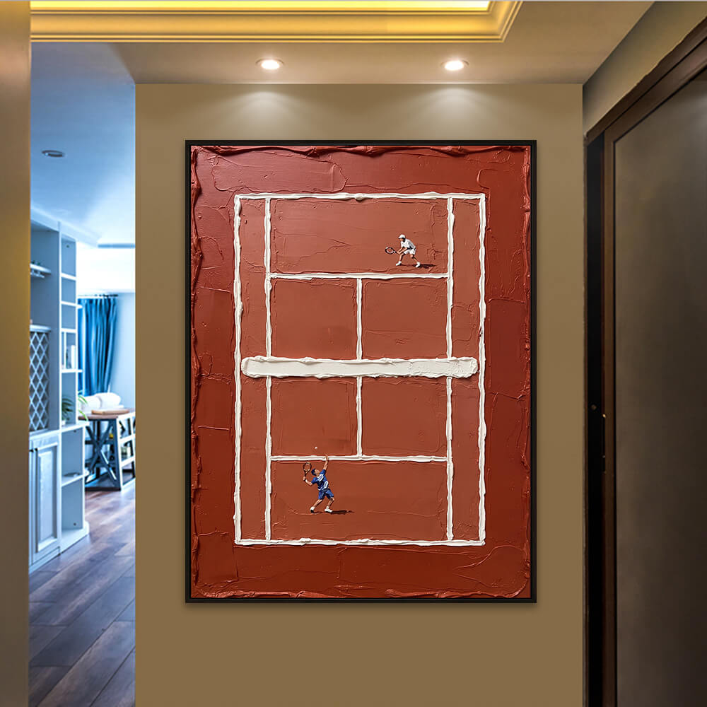 Interior styling view of Clay Court Match palette knife tennis decor hanging in a warm hallway entrance.