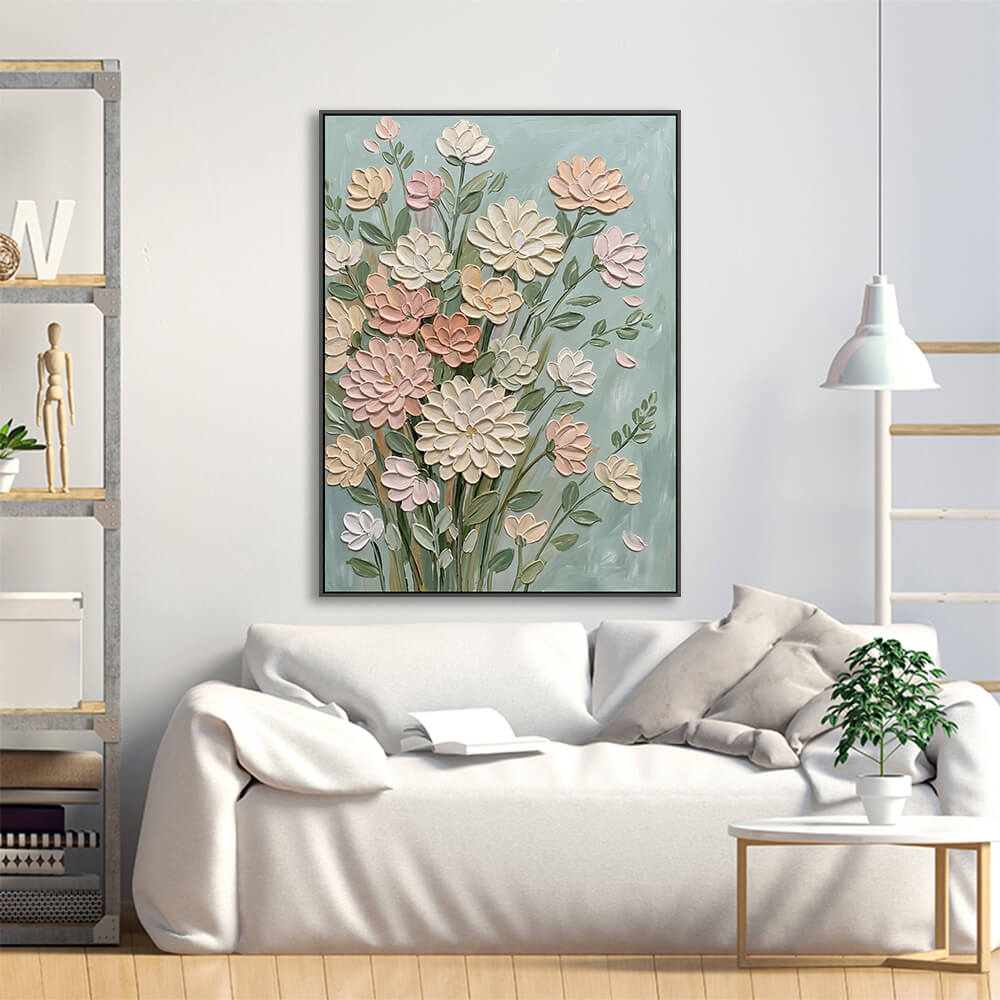 Mint background dahlia bouquet artwork arranged above linen sofa for casual living room styling