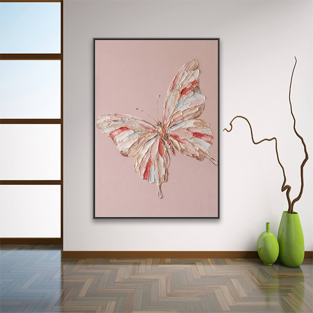 Dimensional butterfly artwork displayed on entryway wall with ceramic decorative vases