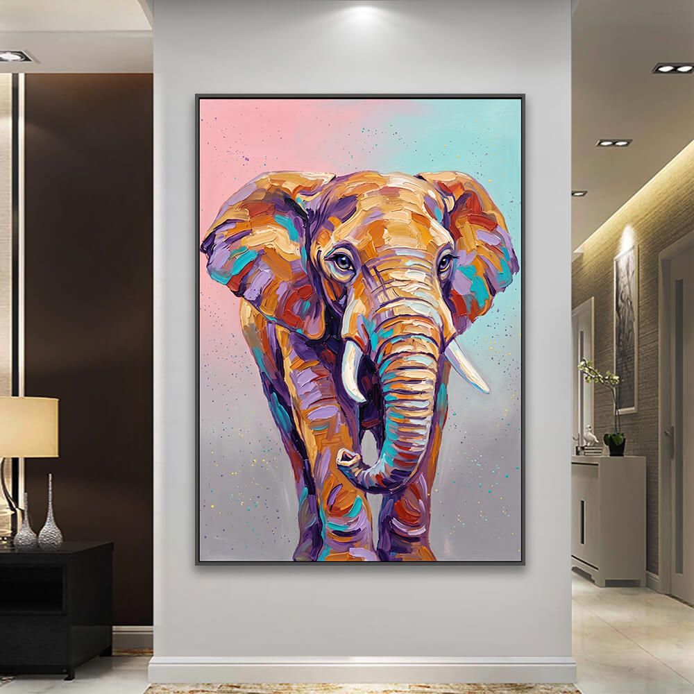 Colorful wildlife canvas decorating hallway alongside table lamp and cabinetry