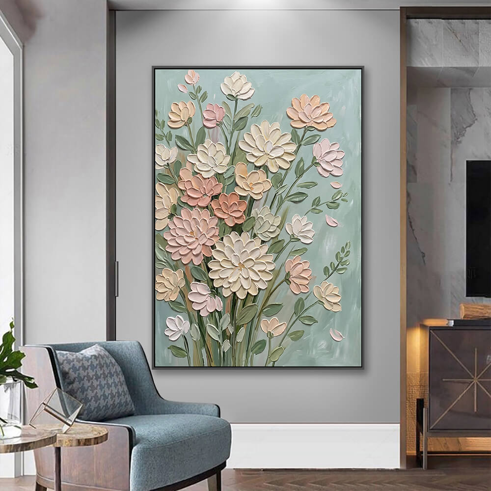 Vertical floral canvas hung inside entryway next to upholstered accent chair