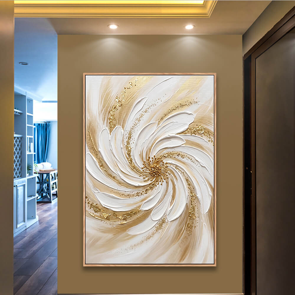 Vertical impasto spiral flower artwork hung in entryway beside upholstered accent chair