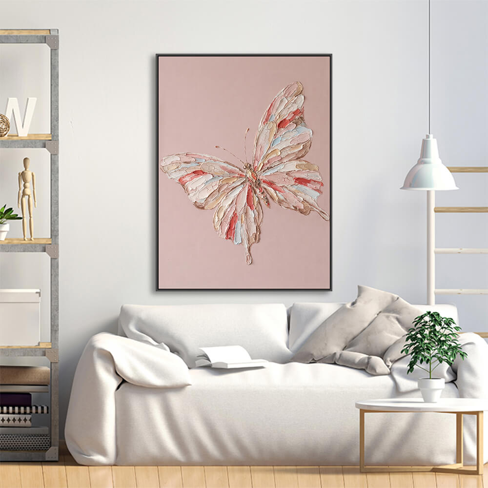 Soft tone butterfly canvas hung above linen sofa for living room styling