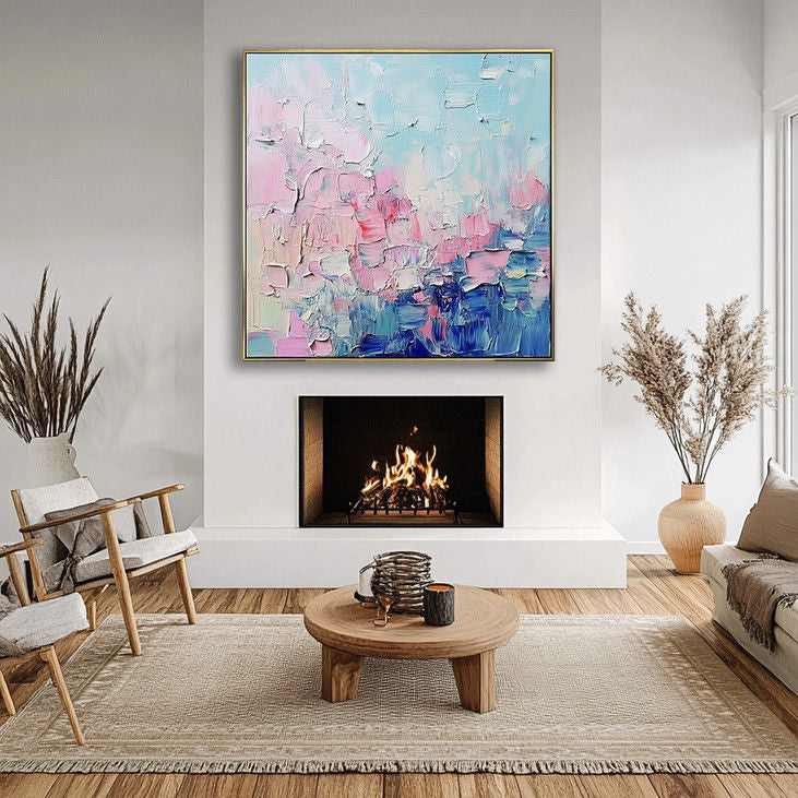 Modern Impasto Canvas Art - Soft Pink & Blue Tones #YX32